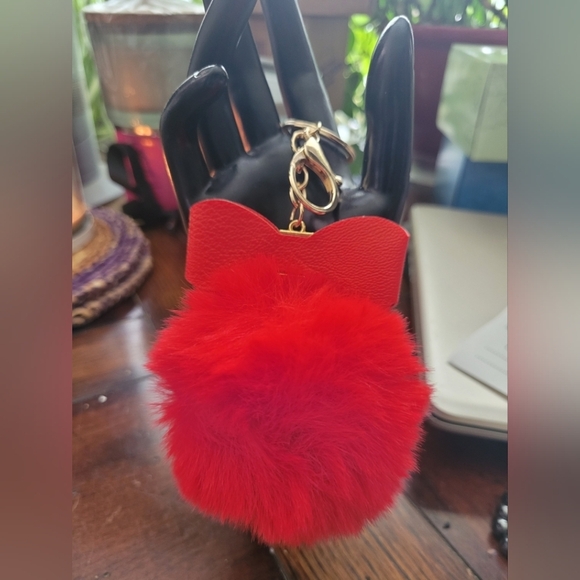 Red Pom Pom Bag Charm with Bow - Picture 2 of 4